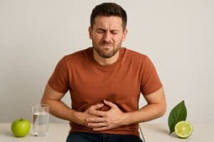 Un homme vêtu d'une chemise brune est assis à une table, se tenant l'estomac avec douleur, les yeux fermés - signes d'une digestion difficile. Sur la table se trouvent une pomme verte, un verre d'eau, un demi-citron vert et une feuille verte.