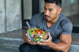 Un homme musclé, vêtu d'une chemise de sport grise, est assis sur les marches, tenant un grand bol de salade fraîche avec des tomates, des concombres et des légumes verts, peut-être en train de réfléchir à de nouvelles recettes végétariennes à essayer.