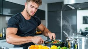 Un homme vêtu d'un t-shirt noir cuisine dans une cuisine moderne, remuant des légumes dans une poêle à frire. Des ingrédients frais pour des recettes végétariennes et une marmite sont visibles sur le comptoir devant lui.