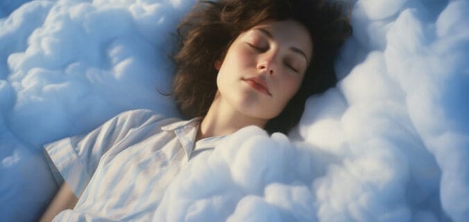 Une femme aux cheveux noirs profite d'un sommeil paisible, entourée d'une literie duveteuse, semblable à des nuages, qui crée une atmosphère de rêve et de sérénité. Elle porte une chemise à rayures et semble calme et détendue.